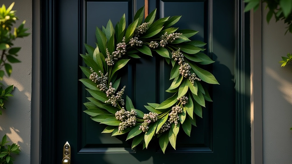 Wreath hanging on wooden door frame, centered positioning showing proper display height and angle for maximum visual impact
