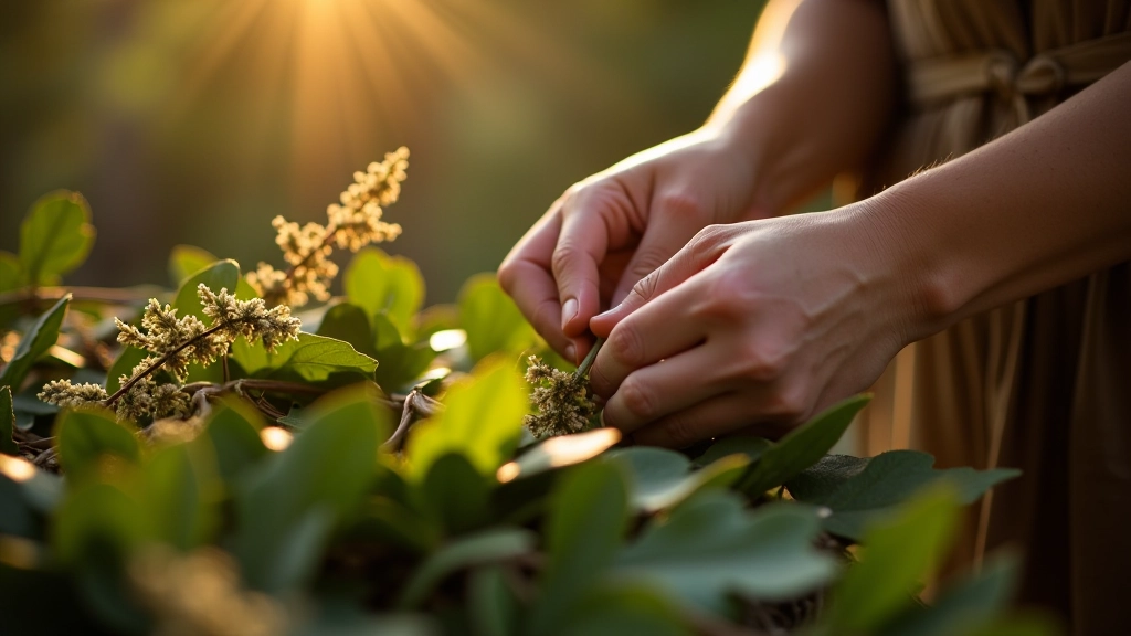 Detailed view of oak leaves and wildflowers being carefully arranged in a craft workspace