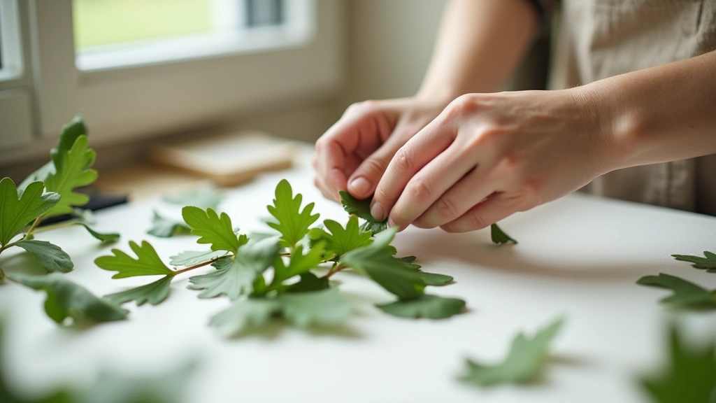 Hands selecting and arranging fresh green oak leaves for wreath base on a craft table with natural lighting