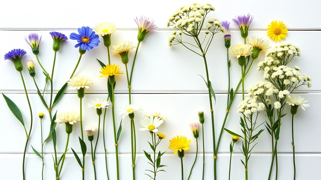 Collection of freshly harvested wildflowers including cornflowers, yarrow, and daisies arranged by color family on a white wooden surface