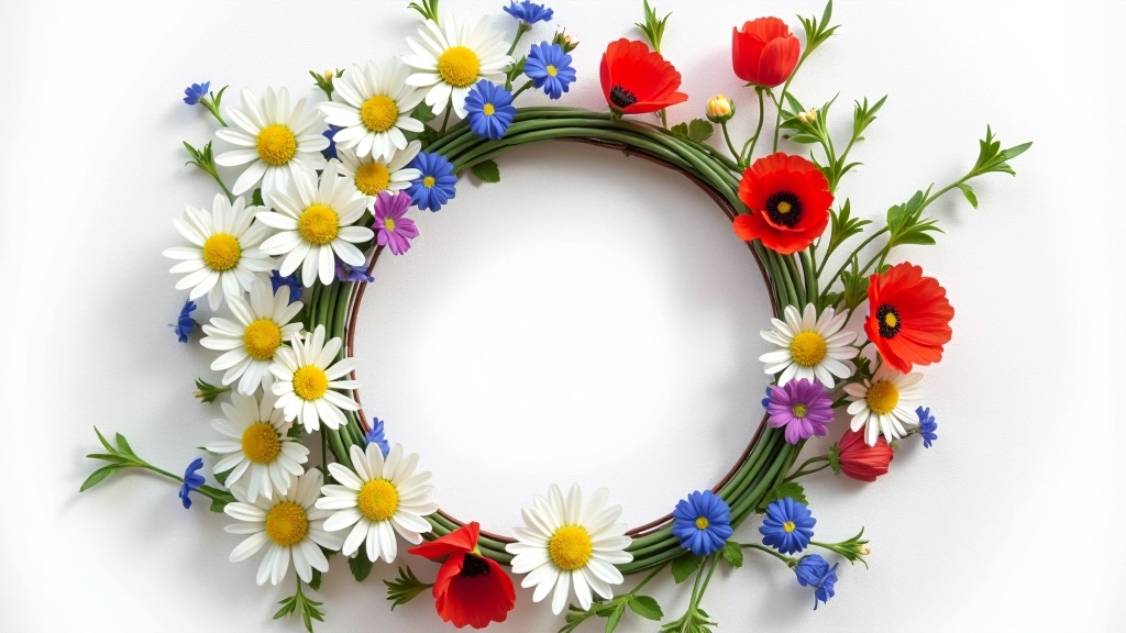 Vibrant wildflowers including daisies, cornflowers, and poppies arranged in a circular pattern on white fabric