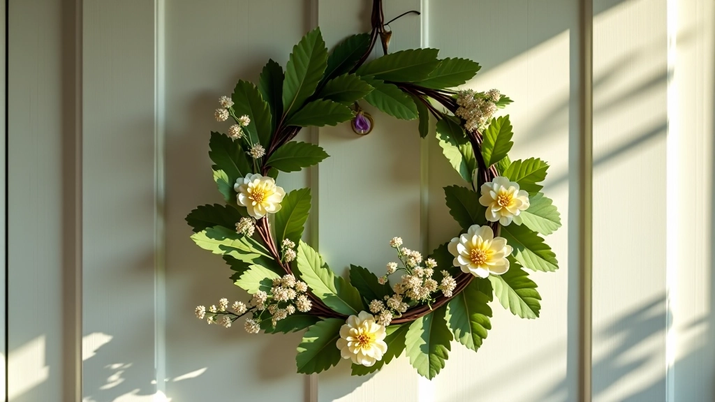 Finished midsummer wreath hanging on a light wooden door with green leaves and mixed flowers visible in detail