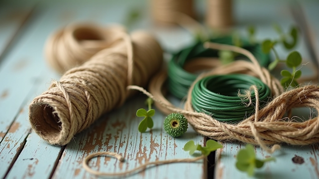 Close-up of various binding materials including natural twine, florist wire, and cotton thread arranged on wooden surface