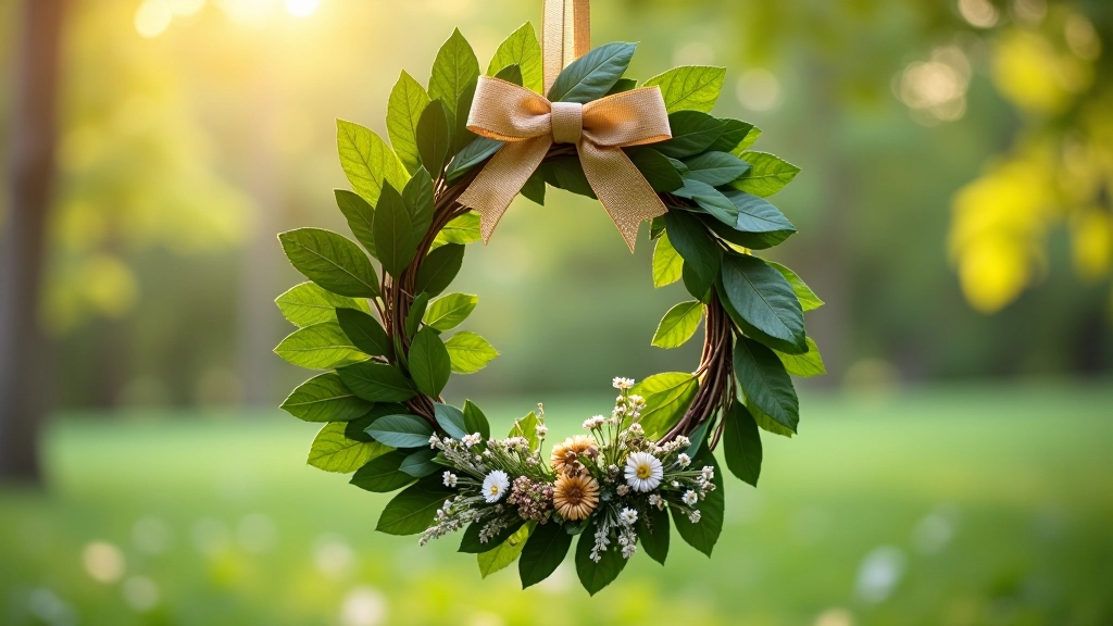 Completed midsummer wreath showing decorative ribbon bow and finished details with various wildflowers and oak leaves