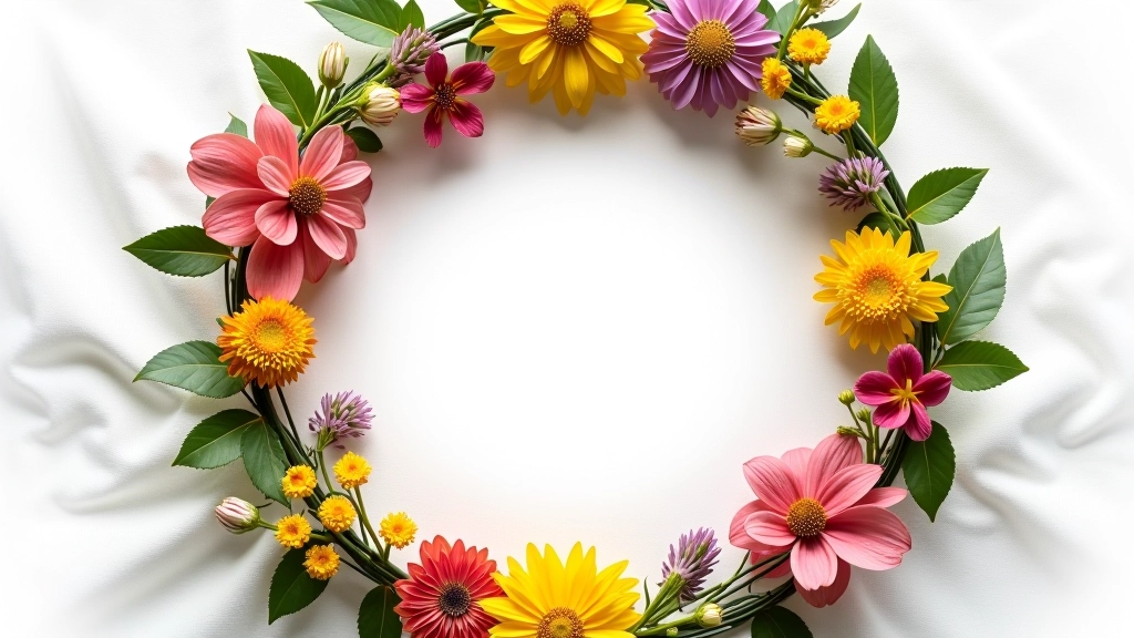 Vibrant assortment of wildflowers including daisies, cornflowers, and poppies arranged in a circular pattern on white fabric