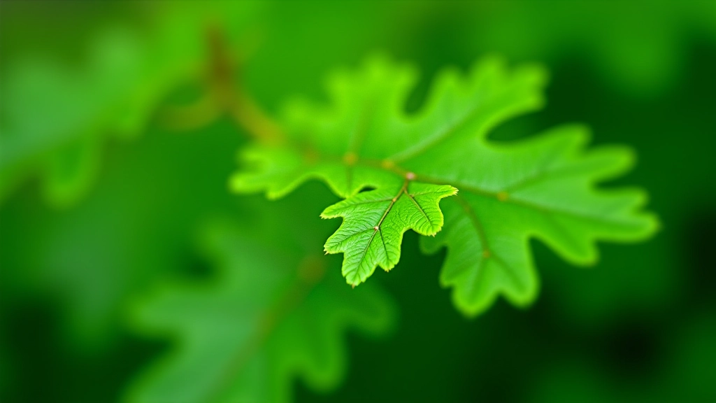 Close-up of fresh oak leaves showing ideal color, texture, and stem length for wreath-making, natural outdoor lighting with water droplets