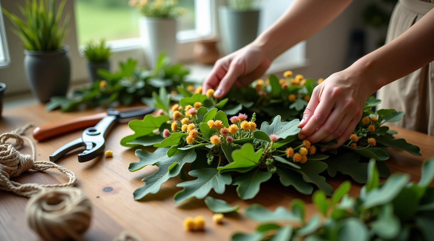 Hands arranging fresh oak leaves and wildflowers on a wooden table with scissors and twine nearby