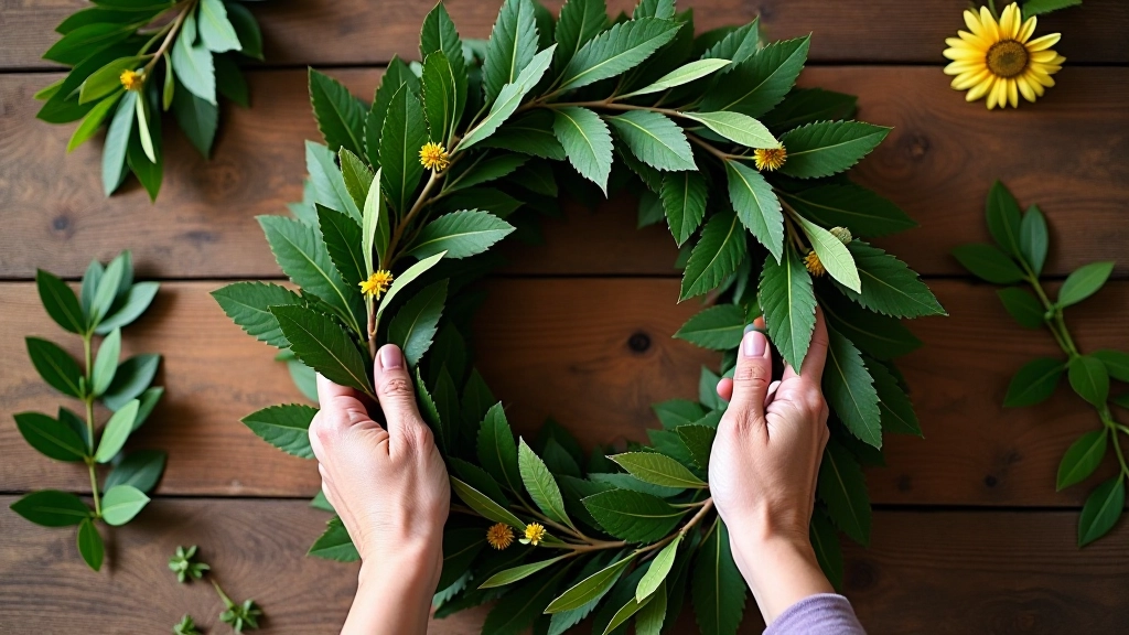 Completed oak leaf wreath base being gently tested by hand, demonstrating firmness and stability before adding wildflowers