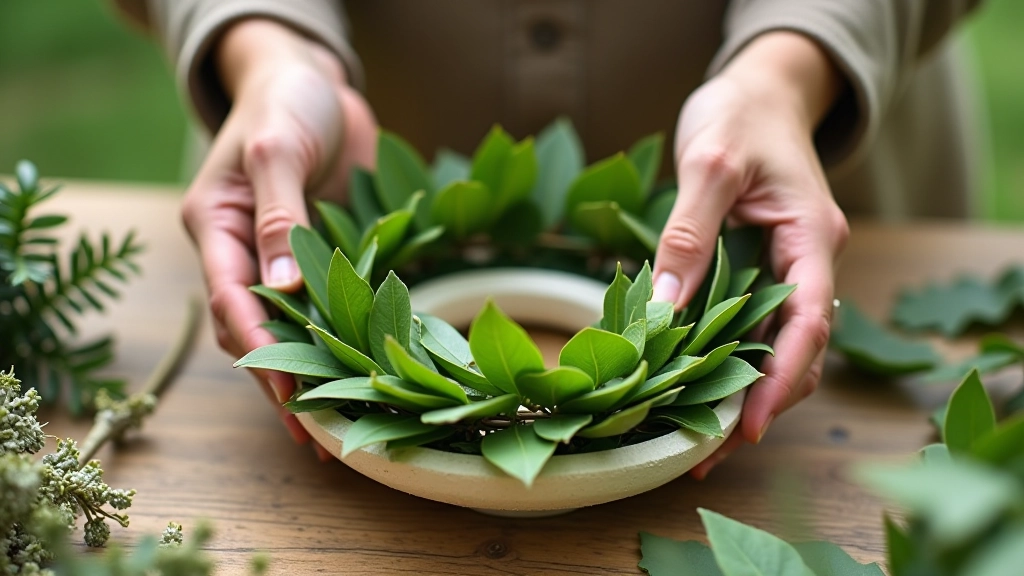 Three stages of wreath base construction showing spiral wrap method with foam ring, layered oak leaves, and secure wire binding