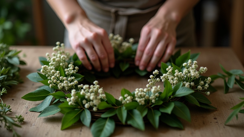 Hands positioning wildflower stems into an oak leaf wreath base, showing placement technique and angle variations