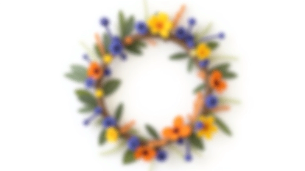 Wreath showing balanced color palette with cool blues and purples on one side, warm yellows and oranges on the other, creating visual harmony