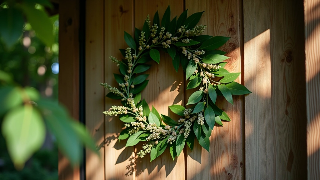 Wreath stored in shaded outdoor location with soft natural light, protected from direct sun, showing preserved colors and fresh appearance