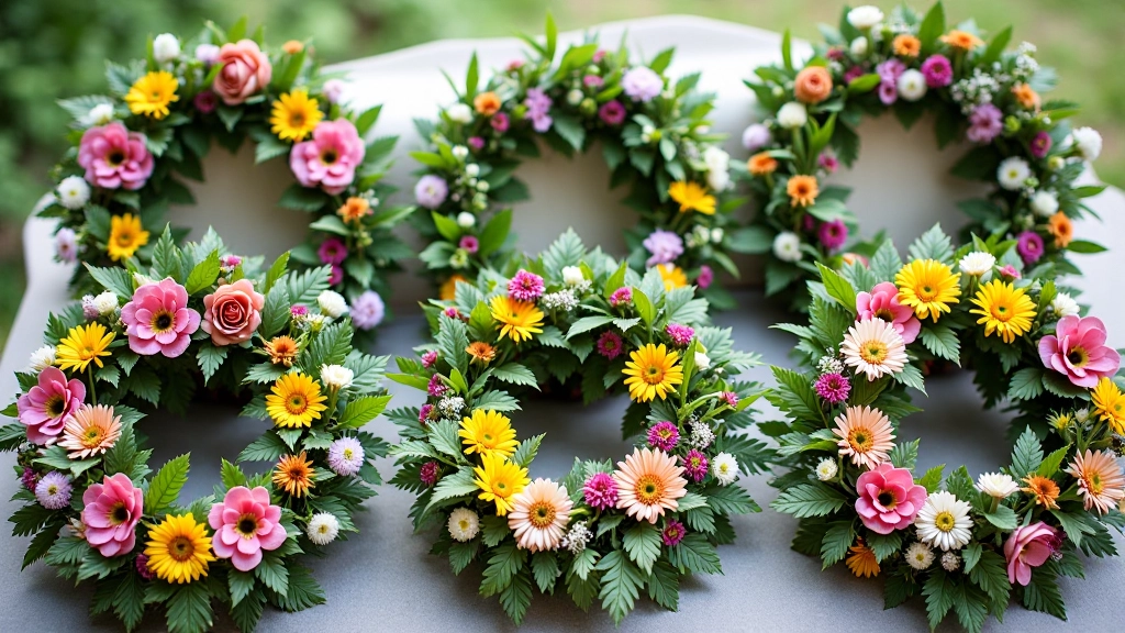 Collection of completed midsummer wreaths displayed together showing variety of wildflower colors and oak leaf arrangements