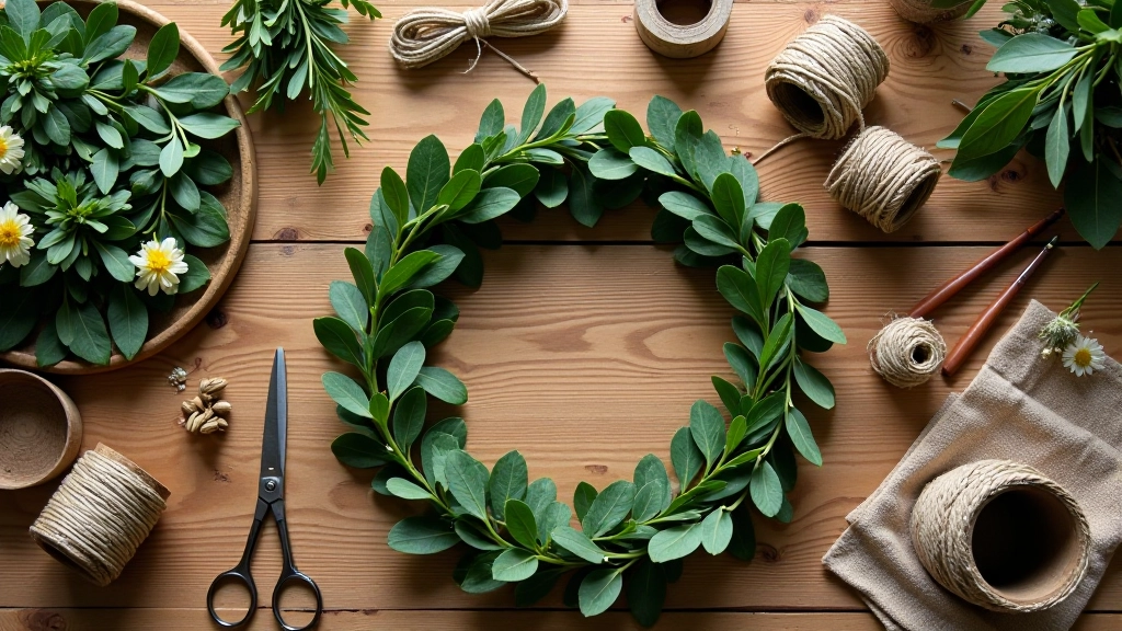 Craft workspace with wreath-making materials including scissors, twine, fresh flowers, and oak leaves organized on a wooden table