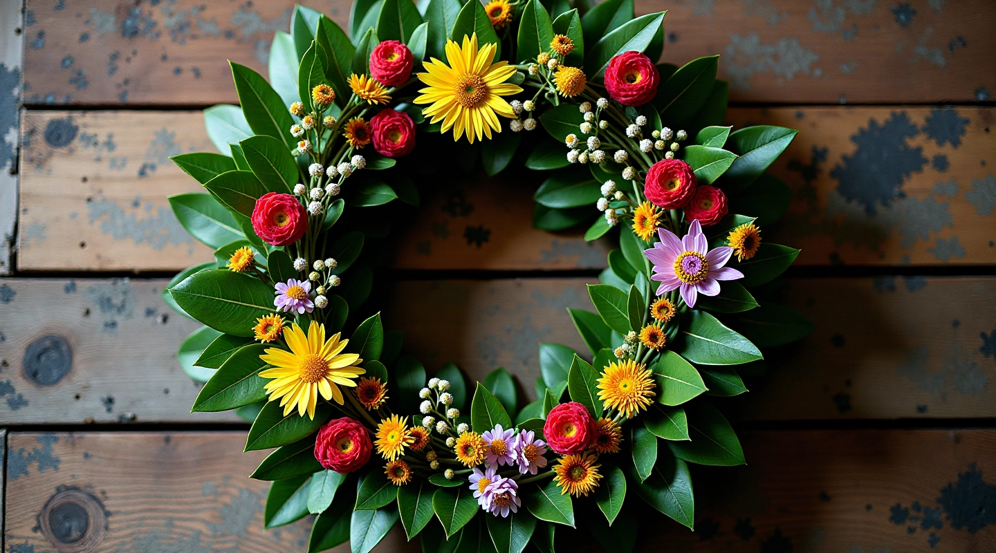 Midsummer wreath with fresh oak leaves and wildflowers displayed on a rustic wooden surface in natural sunlight