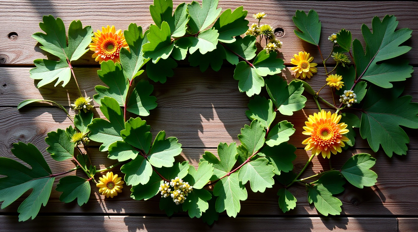 Fresh oak leaves and wildflowers beautifully arranged on a wooden surface