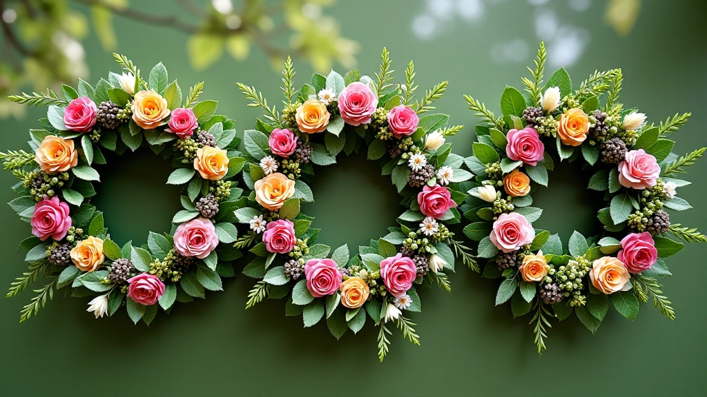 Multiple midsummer wreaths displayed together showing different color combinations and arrangement styles